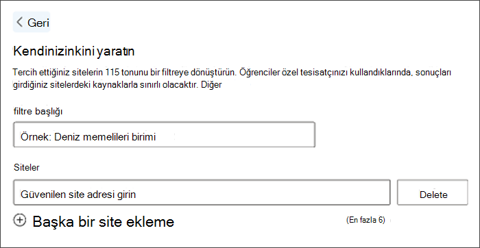 Özel filtre oluşturmanın ekran görüntüsü. Örnek filtre başlığında deniz memelileri birimi yazıyor ve aşağıda tercih ettiğiniz sitelere girebileceğiniz açık alan var.