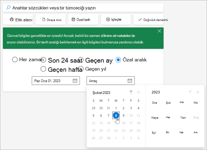 Özel aralık seçtikten sonra tarih seçim aracının ekran görüntüsü.