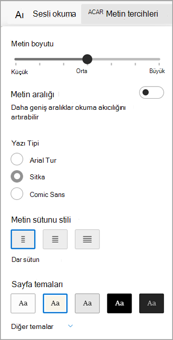 Text preferences in Tam Ekran ReaderTam Ekran Okuyucu for Microsoft Edge.