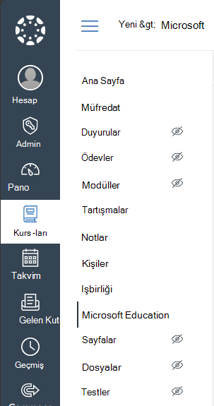 Canvas'ta Microsoft Education kurs gezinti menüsünü seçin