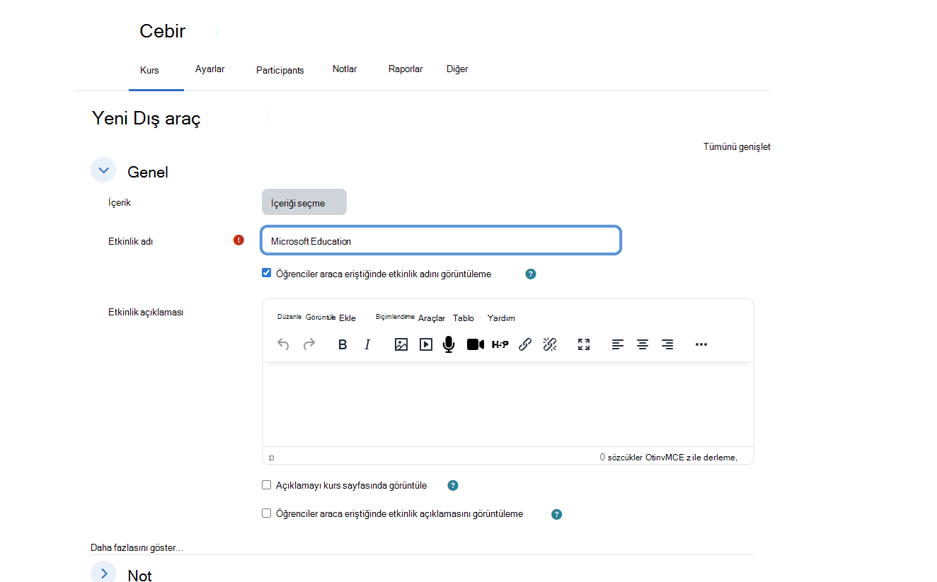 Moodle'ın Yeni Dış Aracı iletişim kutusu