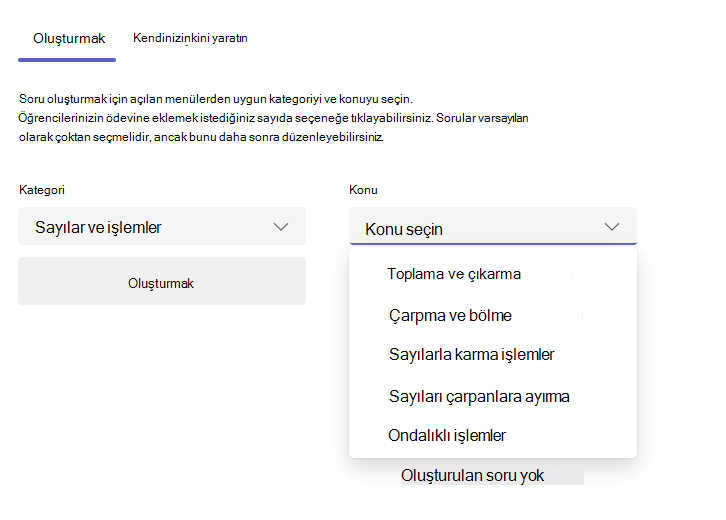 Oluştur sekmesinin ekran görüntüsü.
