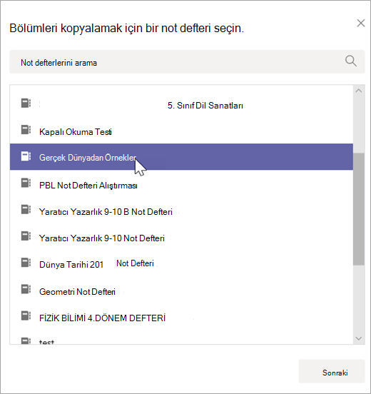 Bölümleri kopyalamak için bir not defteri seçin.