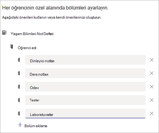 Her öğrencinin özel alanında bölümleri ayarlayın.