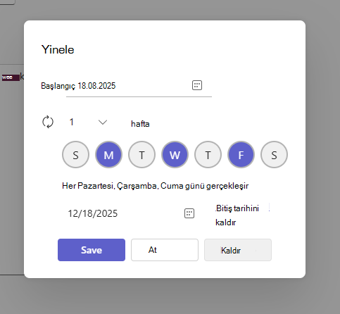 Yinelenen toplantı ayarları iletişim kutusu