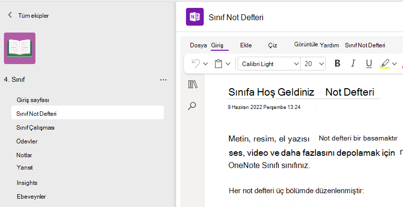 Sınıf not defterini ayarlama ekran görüntüsü.