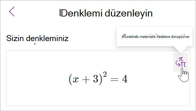 OneNote'ta Matematik yardımcısıyardımcı bölmesinin ekran görüntüsü. Mürekkebi metne dönüştürme düğmesinin üzerinde duran bir imleç.