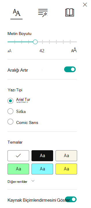 Metin boyutu seçeneklerinin ekran görüntüsü.