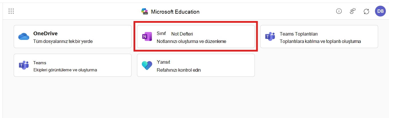 TMicrosoft 365 LTIMicrosoft 365 LTI uygulamasının Sınıf Not Defteri seçili ekran görüntüsü
