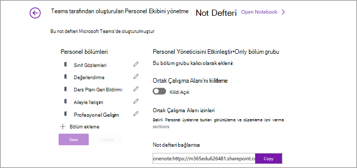OneNote'ta Personel Not Defteri ayarı yönetim sayfasının ekran görüntüsü.