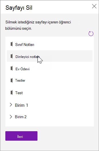 Silmek istediğiniz sayfanın bulunduğu öğrenci bölümünü seçin.
