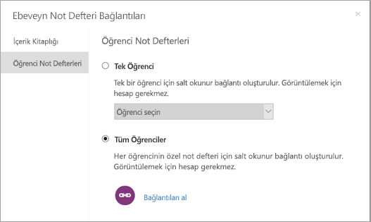 Tek tek öğrencilerin not defterleri için salt okunur bağlantılar oluşturun.