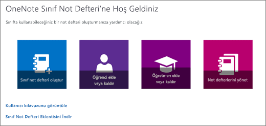 Sınıf not defteri oluşturma, Öğrenci ekleme veya kaldırma, Öğretmen ekleme veya kaldırma ve Not defterlerini yönetme simgeleriyle OneNote Sınıf Not Defteri Sihirbazı.