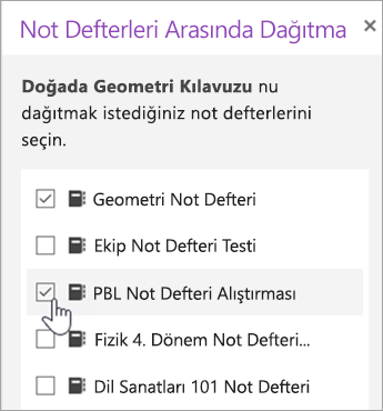 Not Defterleri Arasında Dağıtma penceresi seçimi