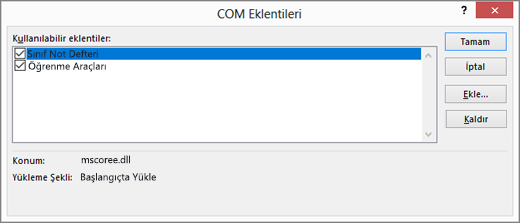 COM Eklentileri bölmesi