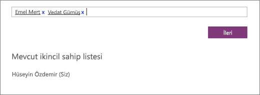 Personel Not Defteri'ne eklenecek ikincil sahiplerin adlarını yazın.