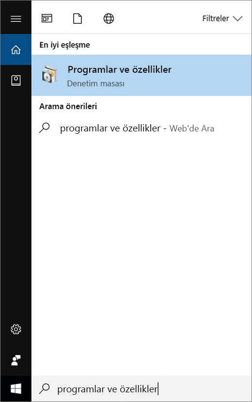 Başlat menüsünü açın, Program ve Özellikler yazın