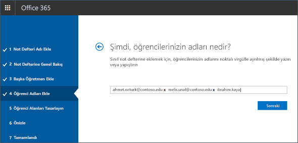 Not Defteri Oluşturucu’ya öğrenci adlarını ekleme ekran görüntüsü.
