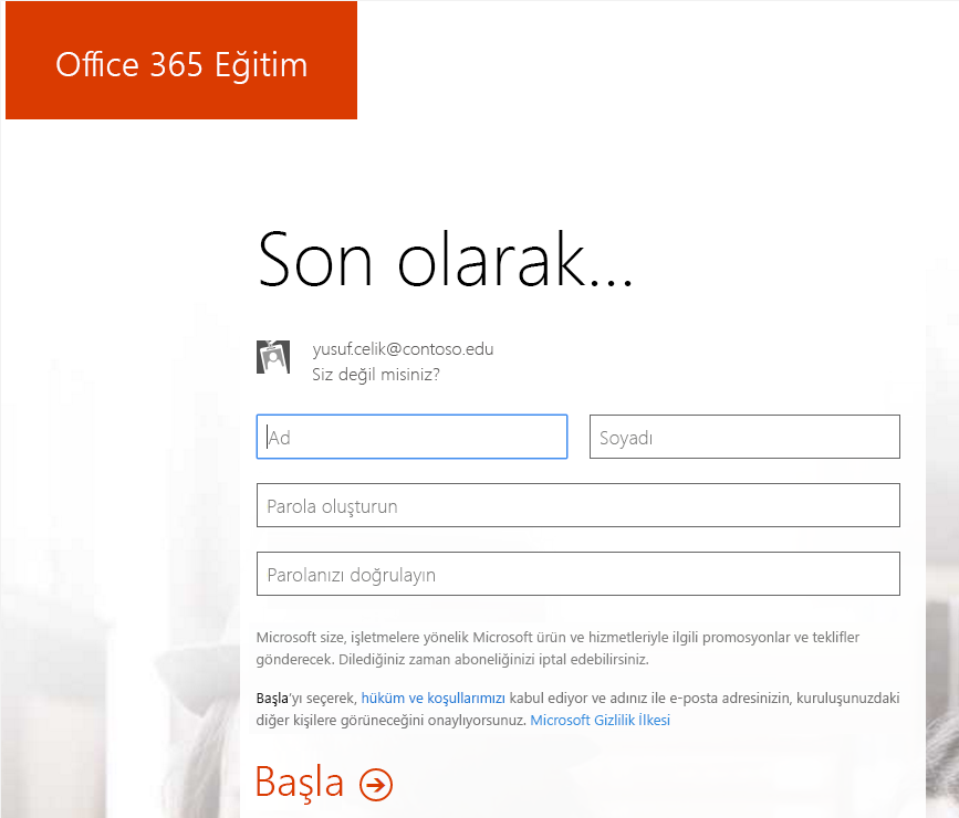 Office 365’e kaydol işleminin parola oluşturma sayfasının ekran görüntüsü.