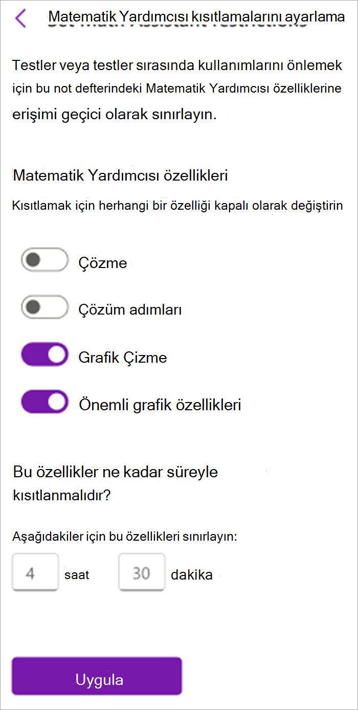 Sınıf Not Defteri'nde eğitimciler için matematik yardımcı panelinin ekran görüntüsü. Buradan, matematik yardımcı çözme, çözüm adımları, grafik oluşturma ve temel grafik özellikleri gibi araçları açıp kapatabilirsiniz.