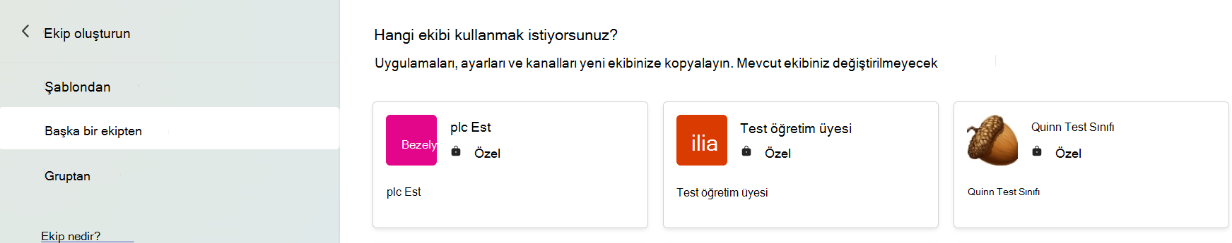 Uygulamaları, ayarları ve kanalları kopyalamak için bir ekip seçin seçeneğini gösteren ekran görüntüsü.
