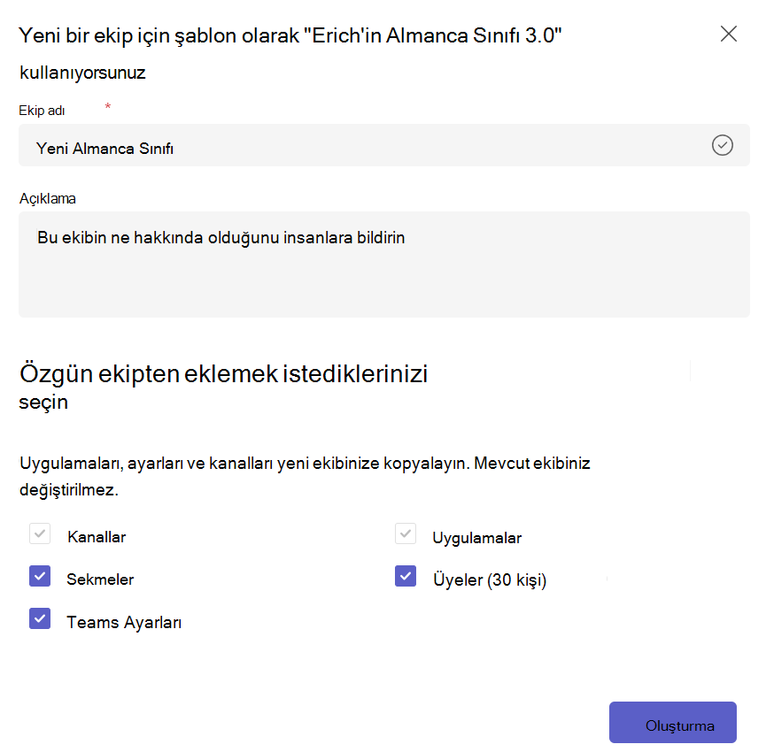 Mevcut bir ekip şablonundan yeni bir ekip oluşturmayı ve kopyalanacak içeriği seçmeyi gösteren ekran görüntüsü.