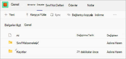 Kayıtlar klasörü ile sınıf ekibinin dosyalar sekmesi