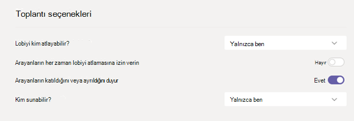 Teams’de toplantı seçenekleri.