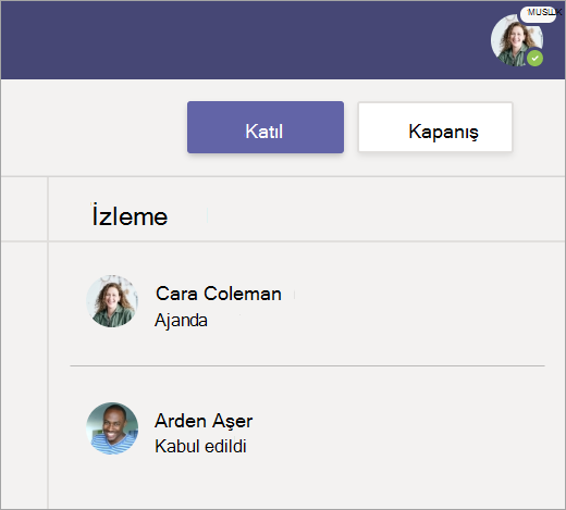Toplantıya katılmak için Katıl'ı seçmeyi gösteren ekran görüntüsü.