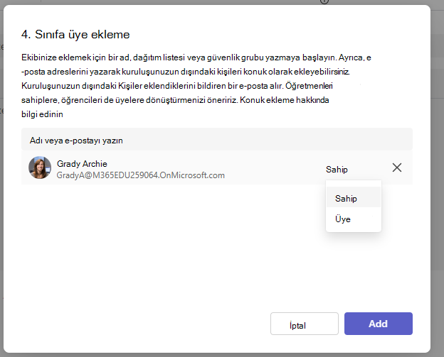 Sahip ekleme işleminin ekran görüntüsü.