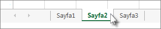 Excel'de Sayfa2'nin seçili olduğu sayfa sekmeleri.