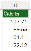 Değerler sola hizalanmış ve yeşil üçgen uyarısı kaldırılmış çalışma sayfasının resmi