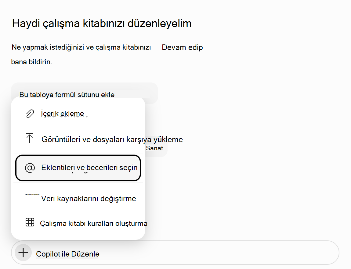 'Eklentileri ve becerileri seç' seçeneğinin vurgulandığı Excel'de Copilot 'Ekle' menüsünün ekran görüntüsü.