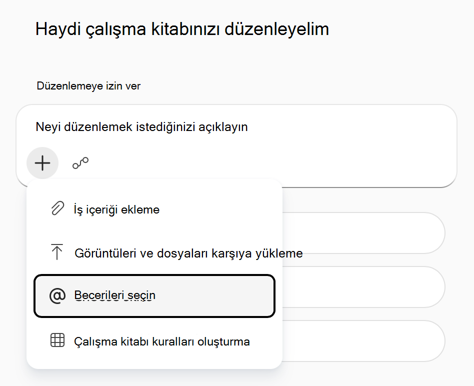 'Becerileri seçin' seçeneğinin vurgulandığı Excel'de Copilot 'İş içeriği ekle' menüsünün ekran görüntüsü.