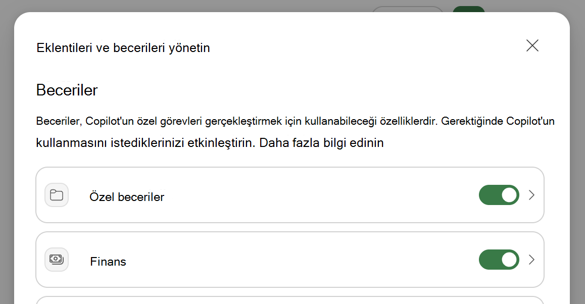 Excel'de Copilot'ın Eklentileri & becerileri yönet iletişim kutusunun ekran görüntüsü.
