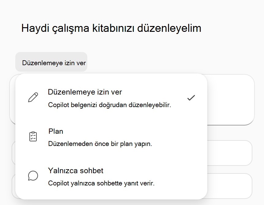 Excel modu seçenekleri menüsünde Copilot'ın ekran görüntüsü.