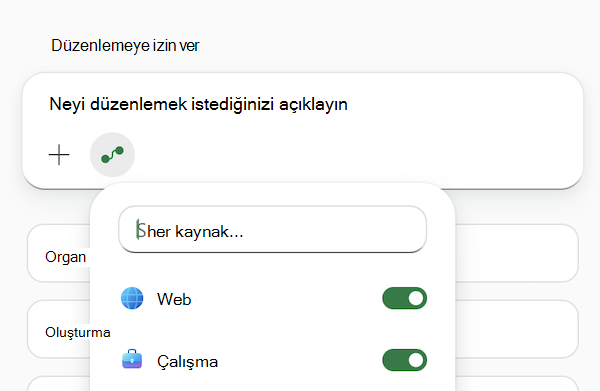 Kaynakları seçin menüsünün açık olduğu Excel'de Copilot istemi alanının ekran görüntüsü.