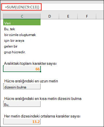 Bir sırada toplam karakter sayısını ve metin dizeleriyle çalışmaya yönelik diğer dizileri sayın