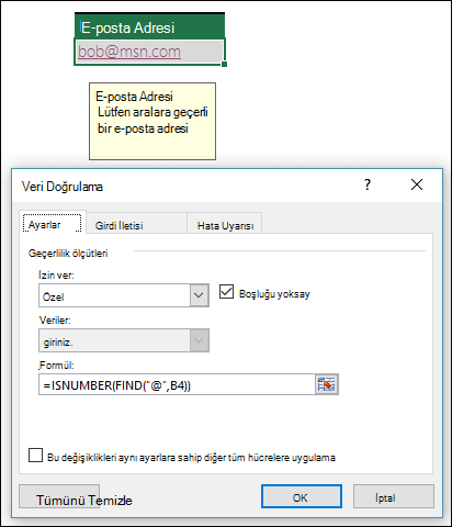 Bir e-posta adresinin @ simgesi içerdiğinden emin olmaya yönelik veri doğrulama örneği