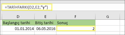 =ETARİHLİ(D2,E2,y) ve sonuç: 2