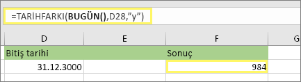 =ETARİHLİ(BUGÜN(),D28,y) ve sonuç: 984