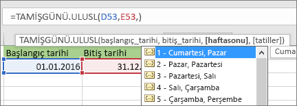 2'yi gösteren Intellisense listesi - Pazar, Pazartesi; 3 - Pazartesi, Salı vb.