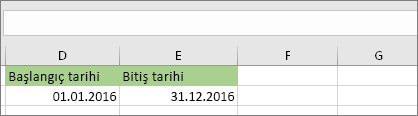D53 hücresindeki başlangıç tarihi 1/1/2016, bitiş tarihi E53 hücresinde 31.12.2016'dır