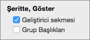 Geliştirici sekmesi Tercih Mac için Excel i gösteren ekran görüntüsü.