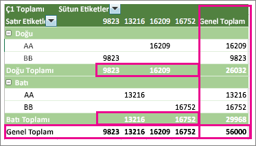 Alt toplamların ve genel toplamların gösterildiği PivotTable örneği