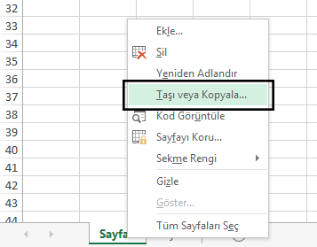 Sekmenin sağ tıklama menüsü