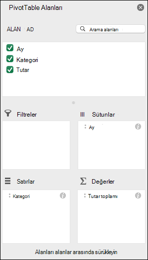 Excel PivotTable Alanları listesi iletişim kutusunun örneği