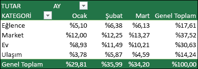 Değerlerin Genel Toplamın yüzdesi olarak görüntülendiği