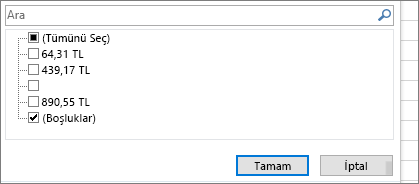 Tümünü seç onay kutusu seçili olmayan, (Boşluklar) onay kutusu seçili olan Filtre menüsü