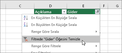 Filtre menüsü, Filtreyi temizle ...